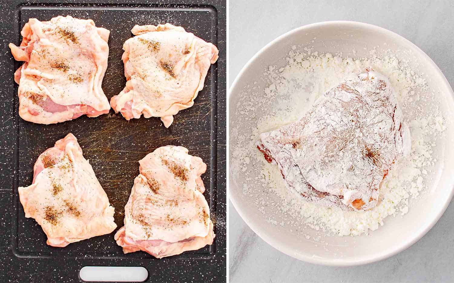 process shots showing how to make honey lemon garlic chicken.