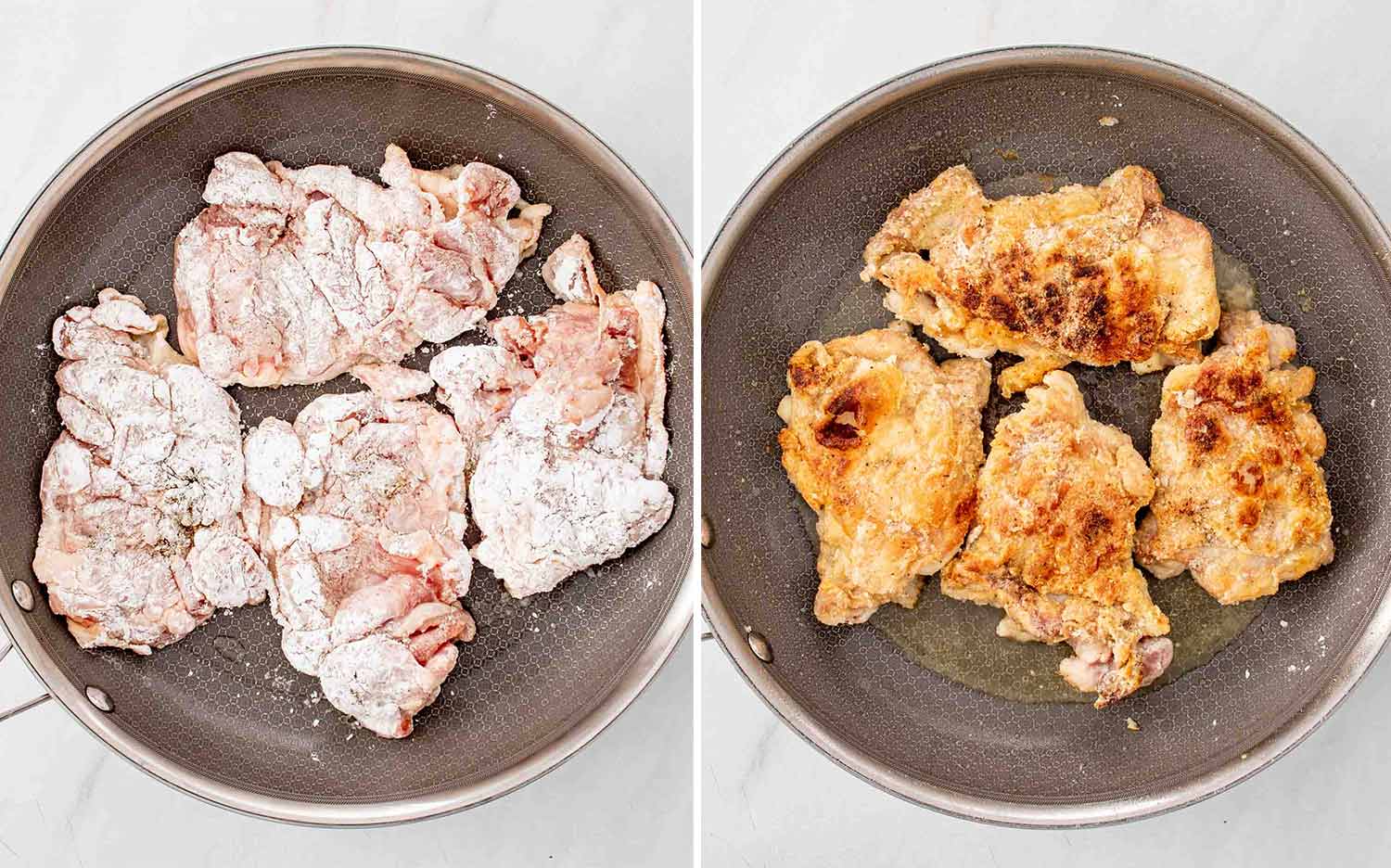process shots showing how to make honey lemon garlic chicken.