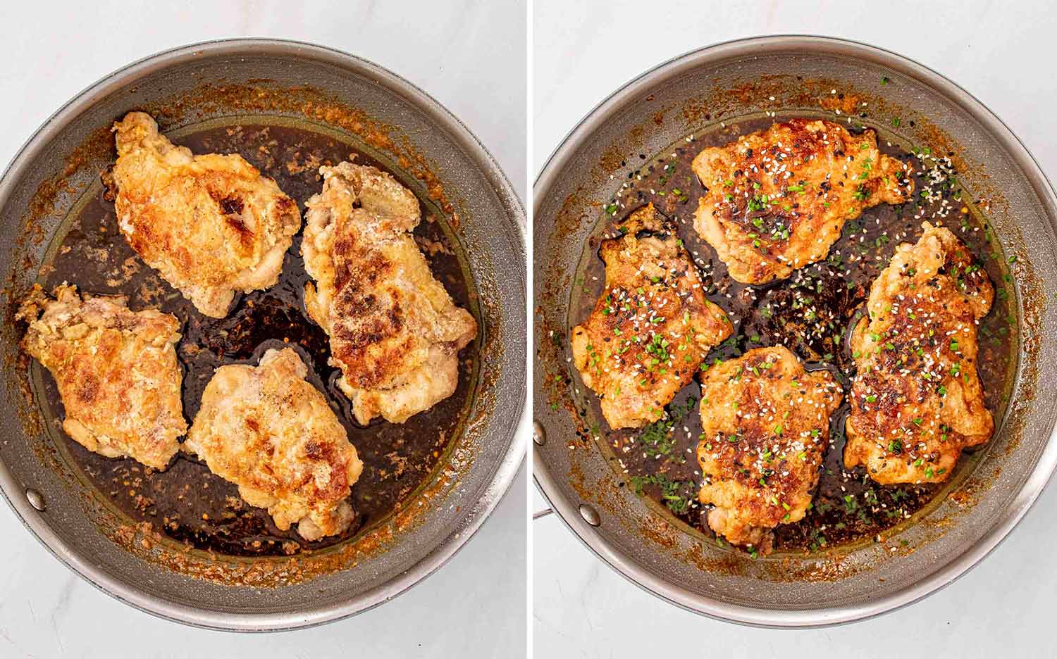process shots showing how to make honey lemon garlic chicken.