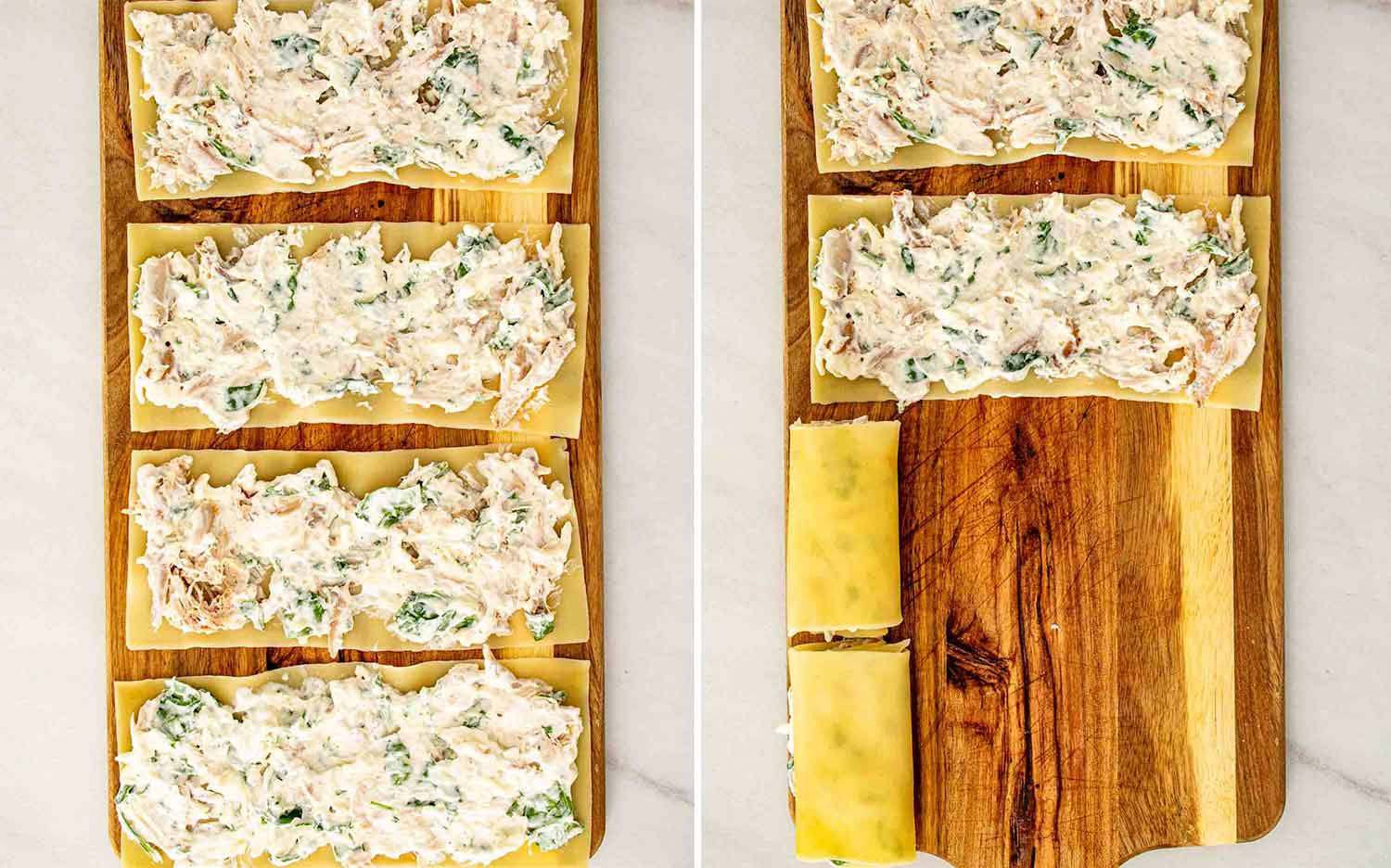 process shots showing how to make white chicken lasagna roll ups.