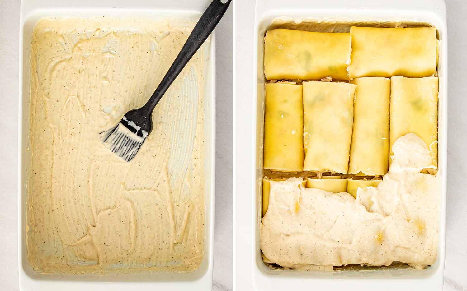 process shots showing how to make white chicken lasagna roll ups.