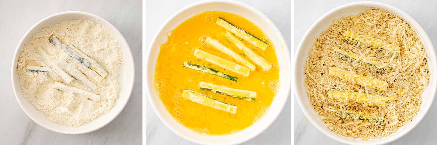 process shots showing how to make zucchini fries with garlic aioli.