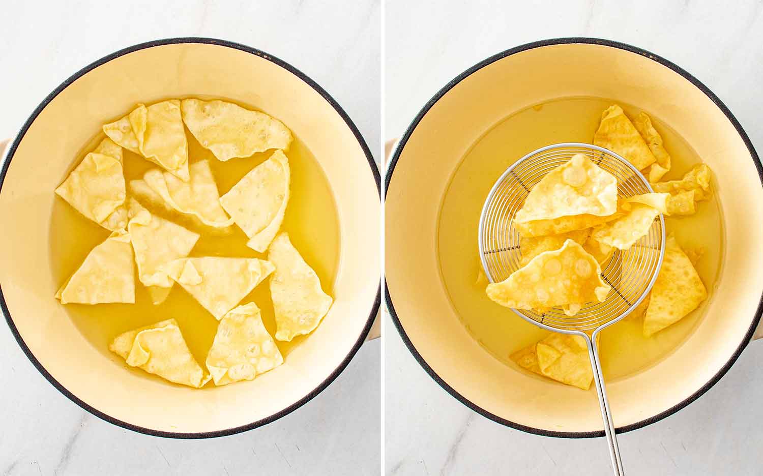 process shots showing how to make apple pie nachos.
