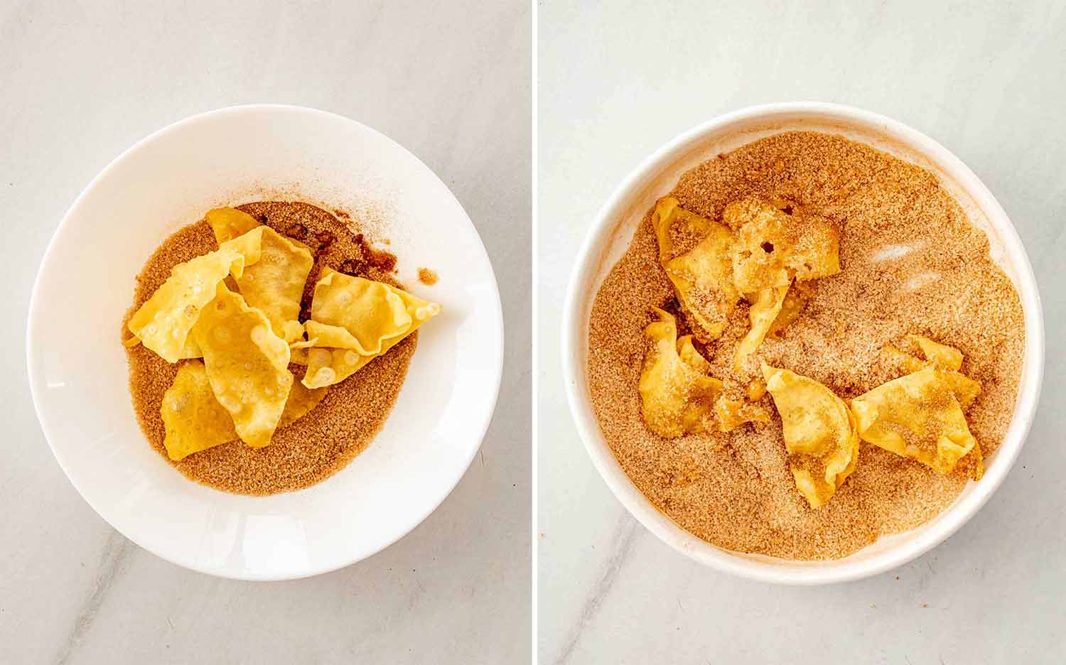 process shots showing how to make apple pie nachos.