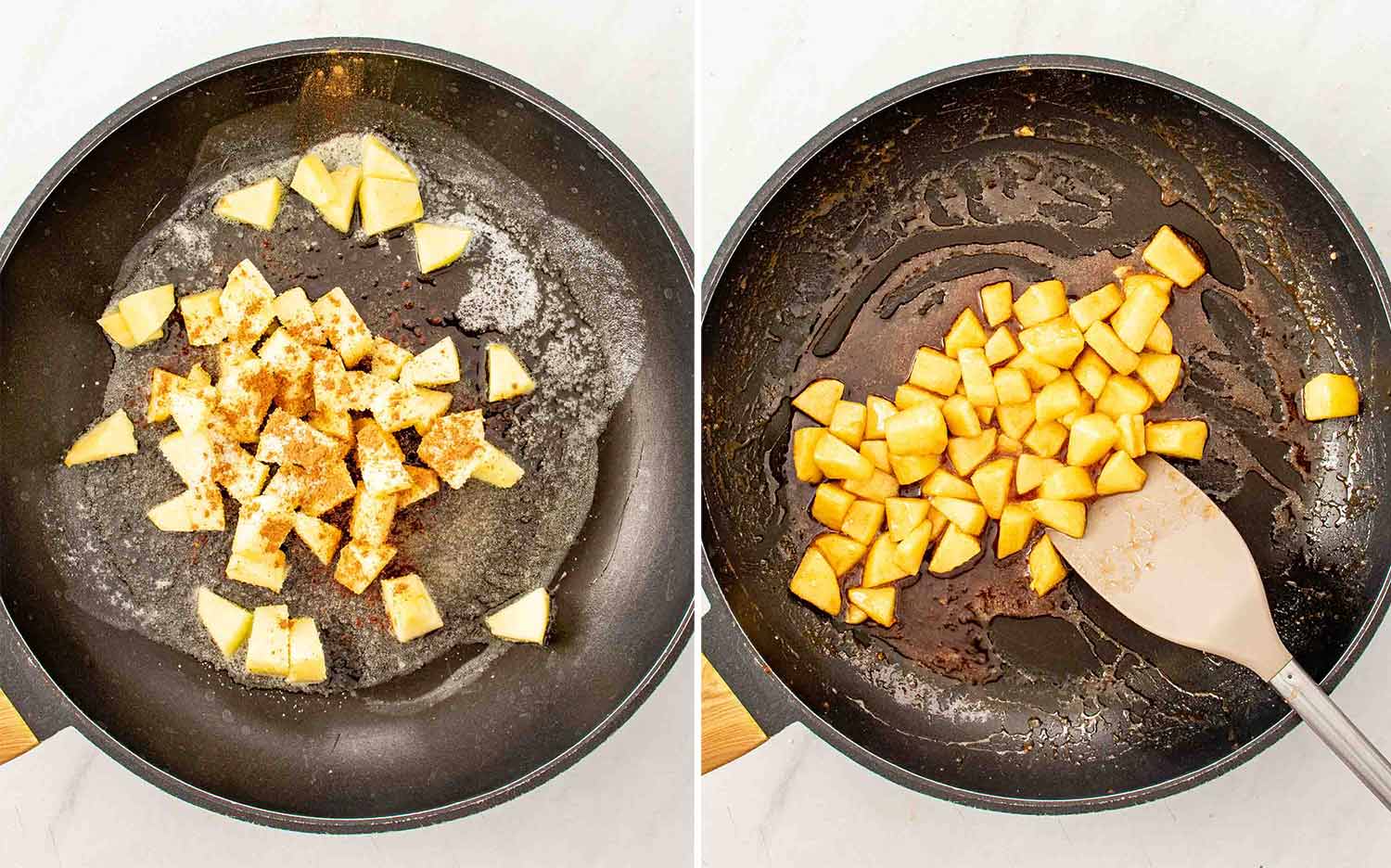 process shots showing how to make apple pie nachos.