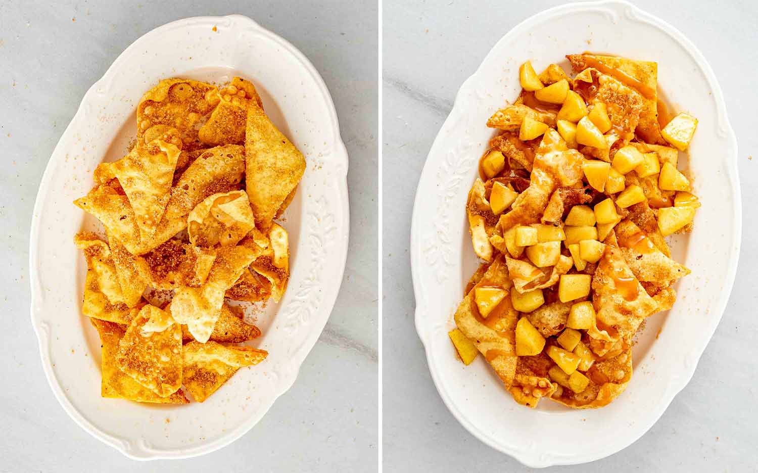 process shots showing how to make apple pie nachos.