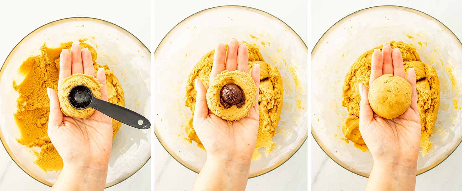 process shots showing how to make cinnamon roll cookies with cream cheese glaze.
