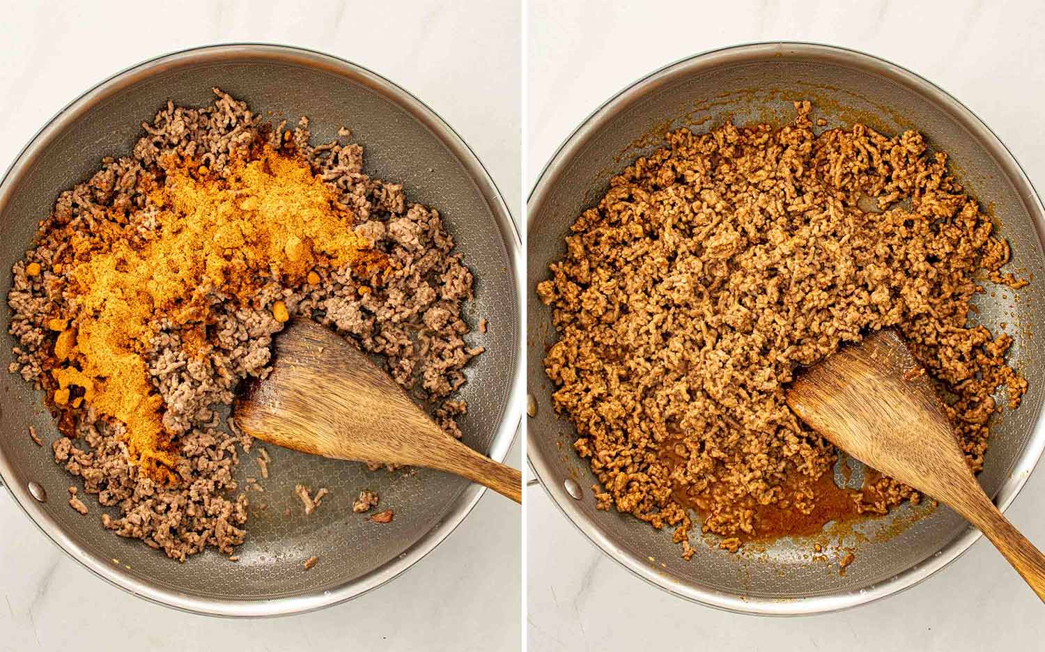 process shots showing how to make hot honey taco beef bowls.
