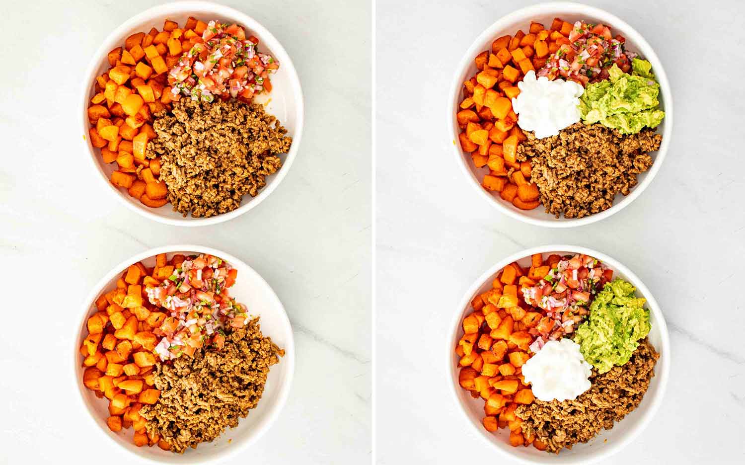 process shots showing how to make hot honey taco beef bowls.