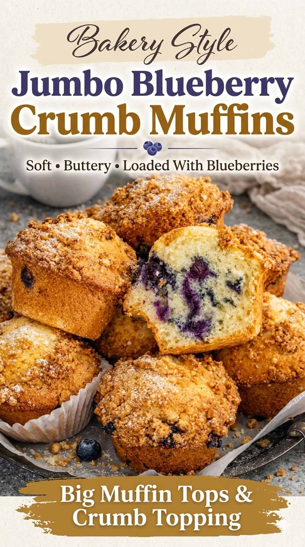 Stacked jumbo blueberry crumb muffins with streusel topping on parchment lined tray, one muffin cut open showing blueberries inside.