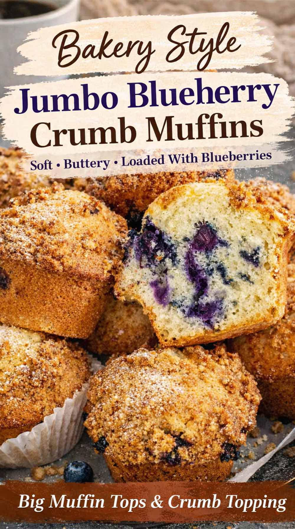 Stacked jumbo blueberry crumb muffins with streusel topping on parchment lined tray, one muffin cut open showing blueberries inside.