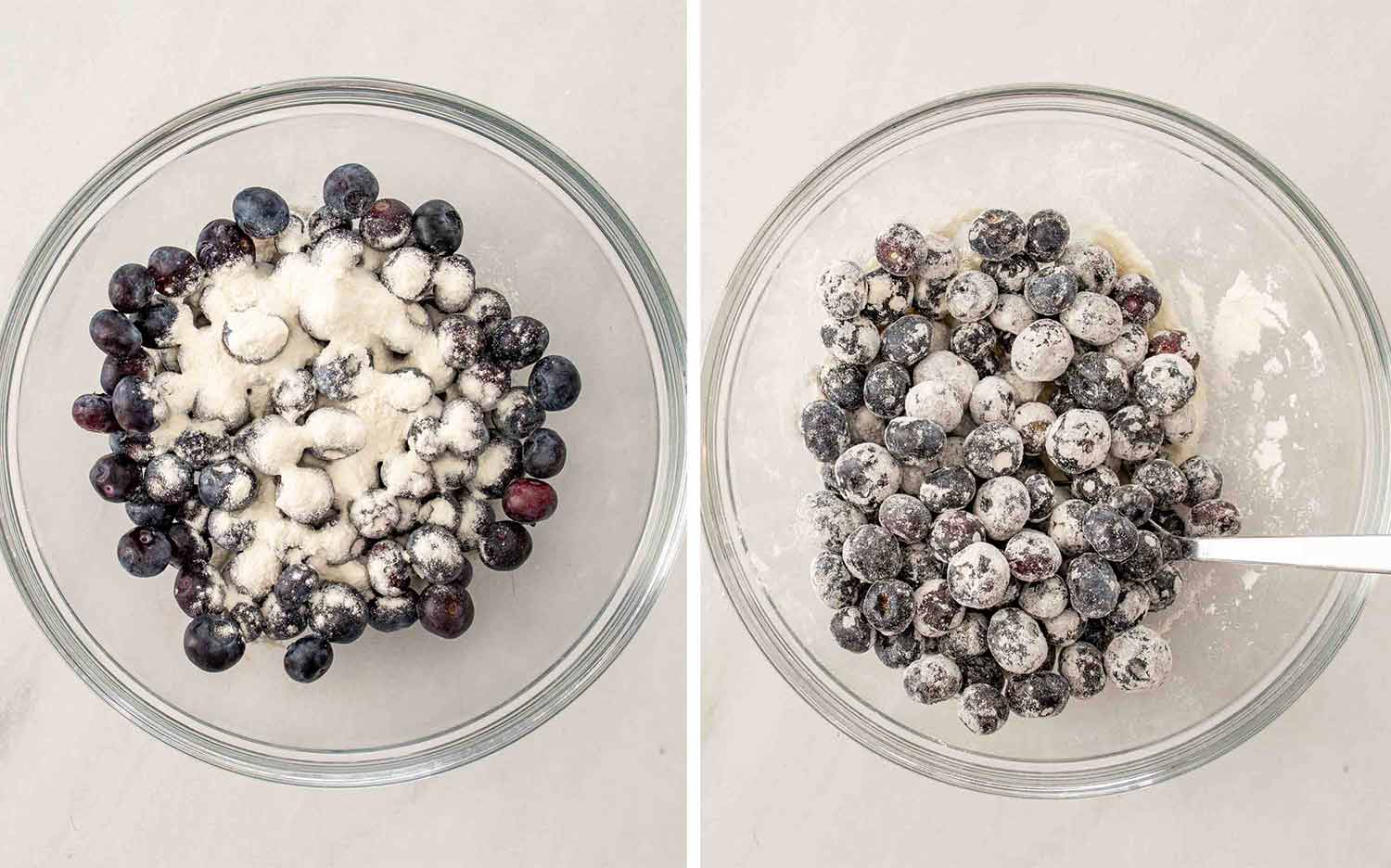process shots showing how to make jumbo blueberry crumb muffins.