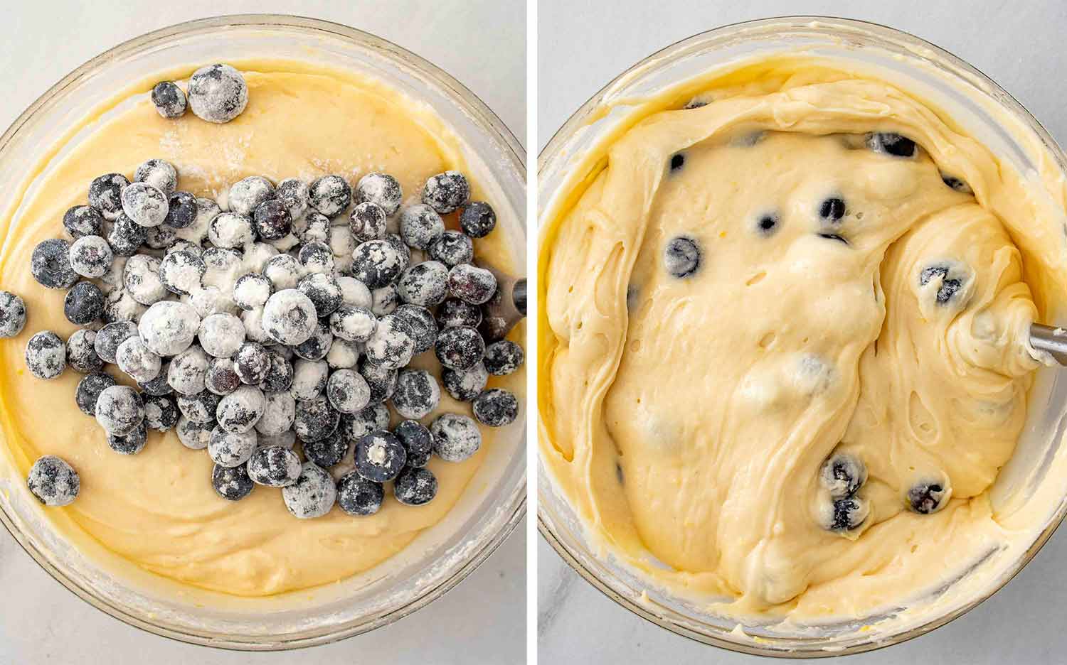 process shots showing how to make jumbo blueberry crumb muffins.