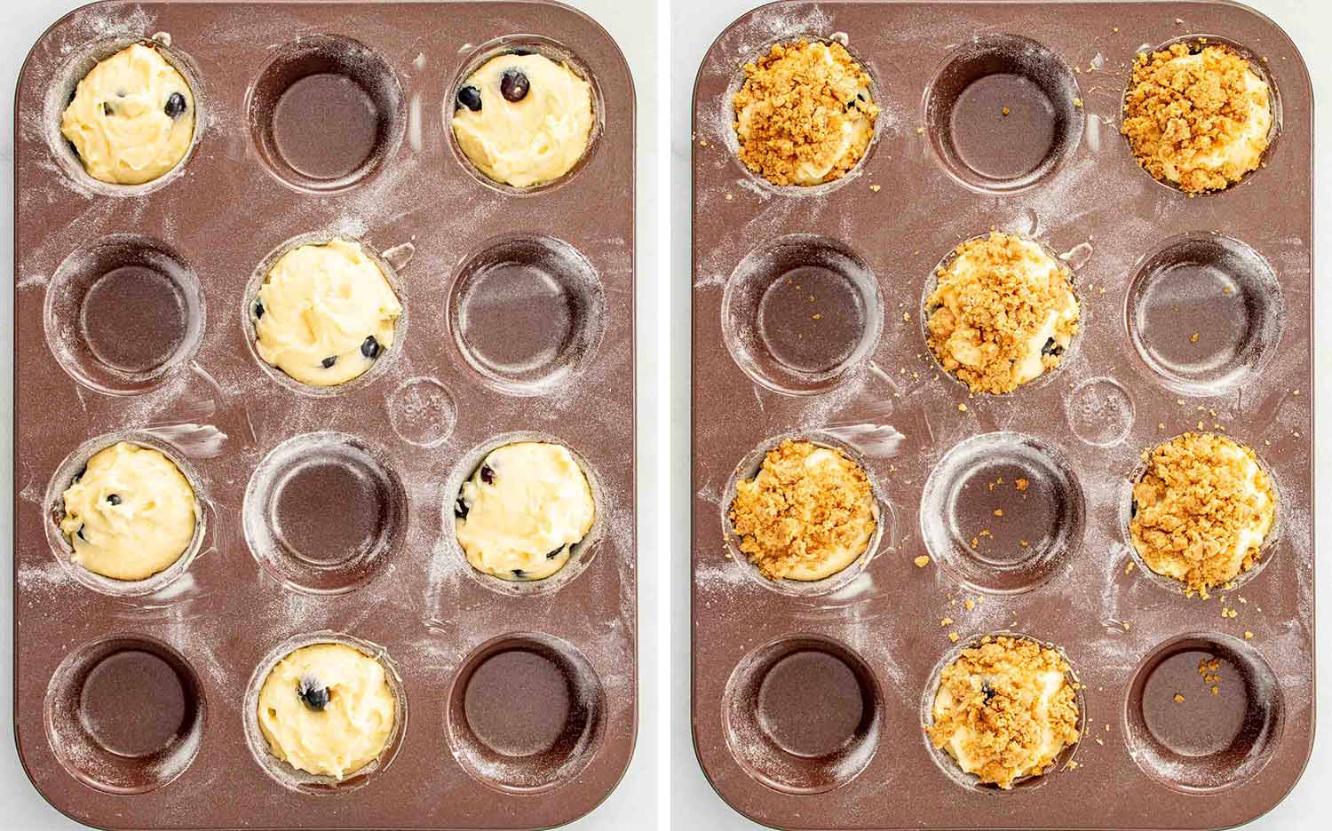 process shots showing how to make jumbo blueberry crumb muffins.
