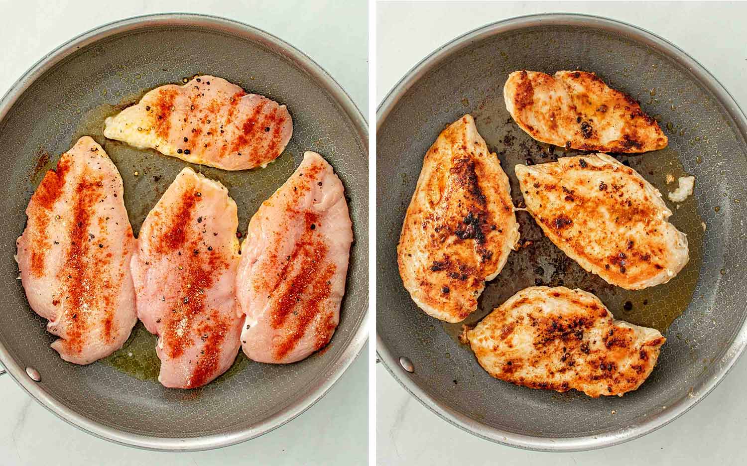 process shots showing how to make smothered chicken.