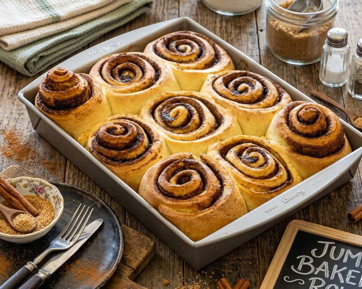 Golden brown baked cinnamon rolls in a pan before frosting with a small chalkboard sign that says jumbo bakery style.