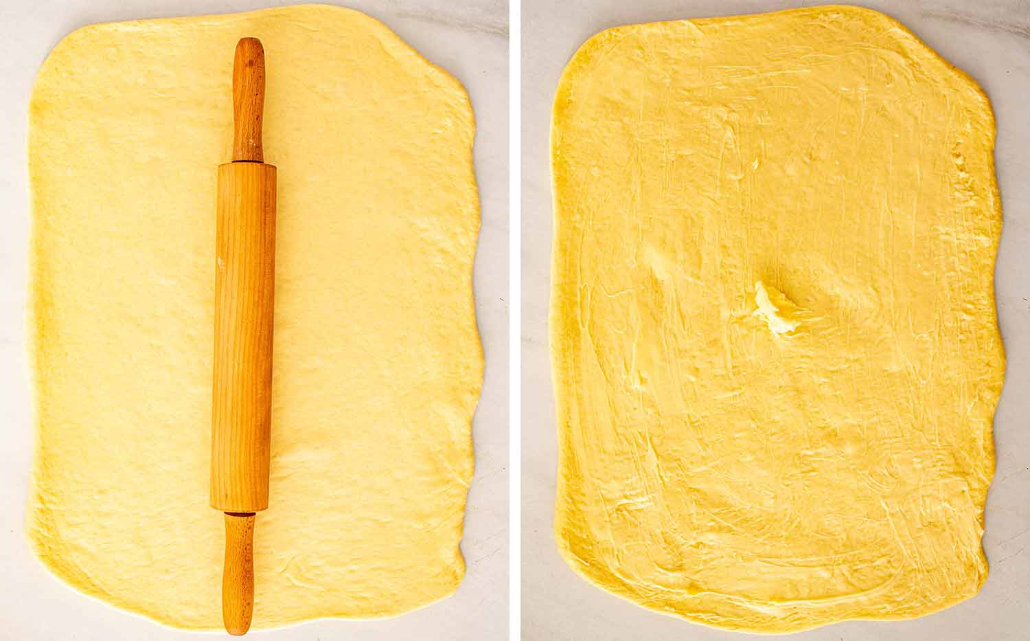 process shots showing how to make jumbo bakery style cinnamon rolls.