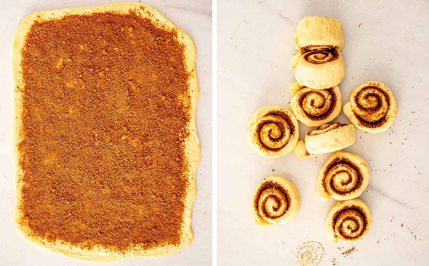 process shots showing how to make jumbo bakery style cinnamon rolls.