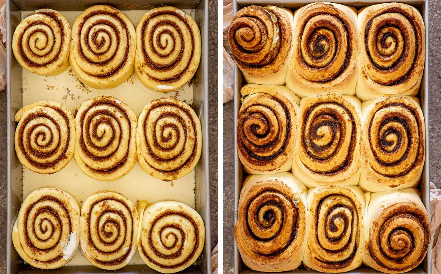 process shots showing how to make jumbo bakery style cinnamon rolls.