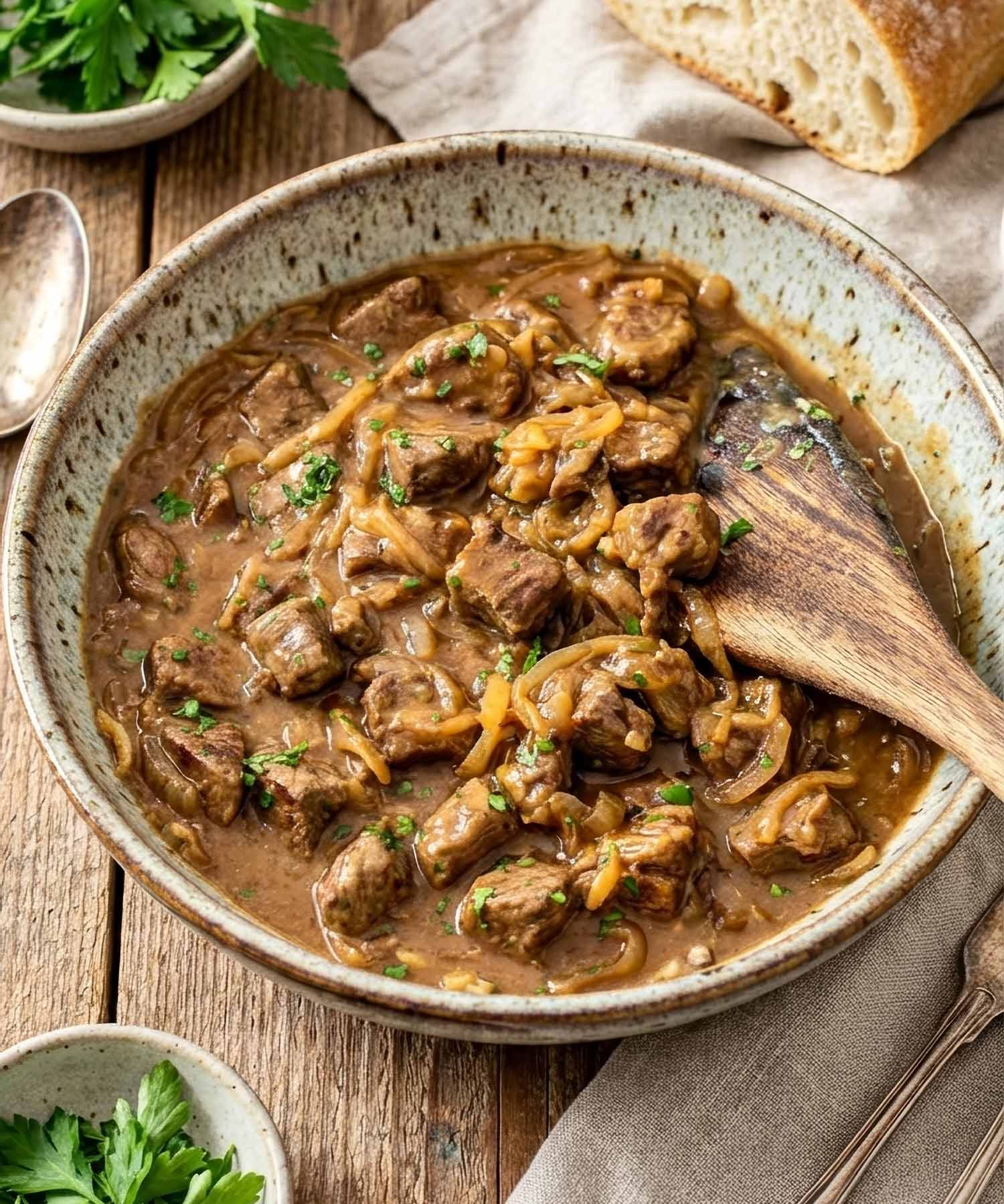 Bowl of beef and onion skillet with tender beef, caramelized onions, and thick gravy served with crusty bread on the side.