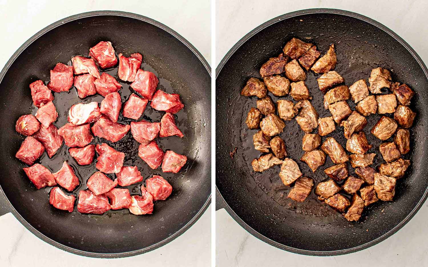 process shots showing how to make beef and onion skillet.