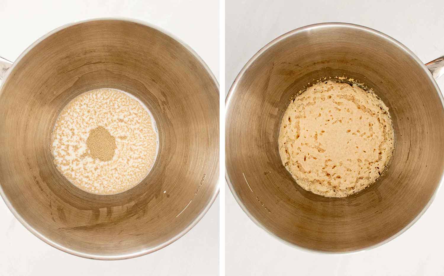 Two overhead photos showing the process of mixing yeast and milk in a silver bowl to start the donut dough.