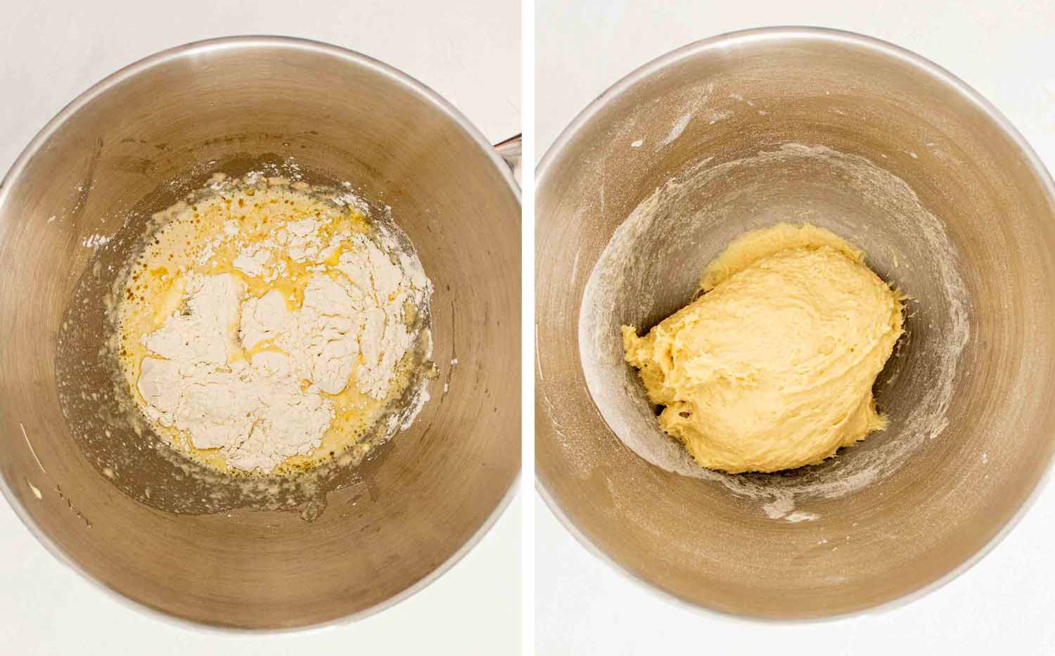 Two images showing the step of adding flour to the yeast mixture and then mixing it into a shaggy dough.