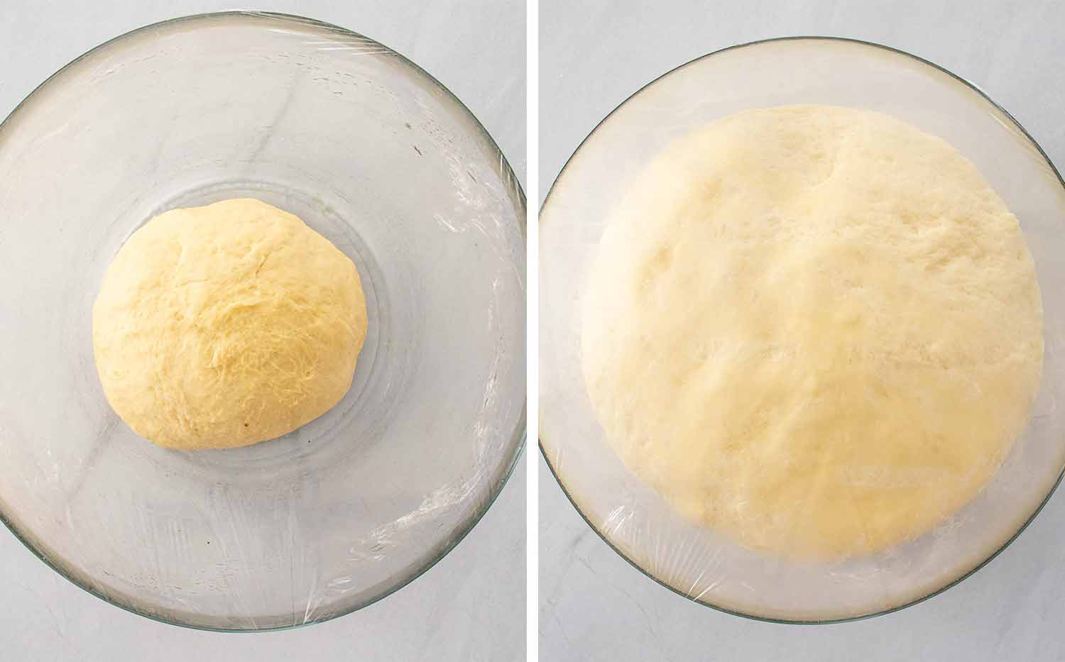 Two photos showing the donut dough before and after rising in a clear bowl until it has doubled in size.