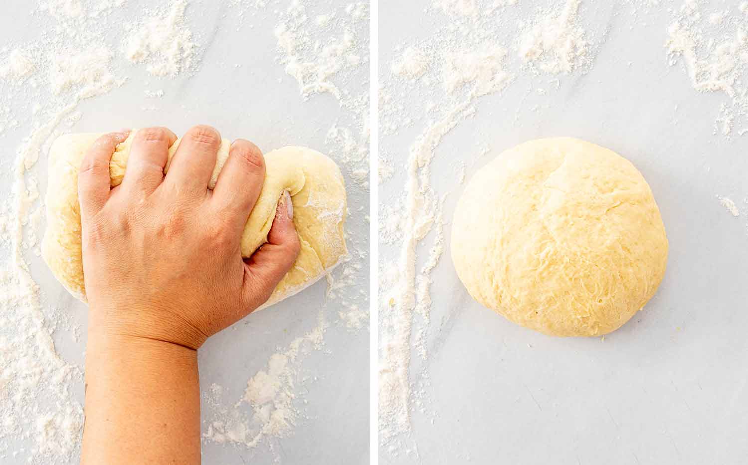 Two images of a hand kneading the smooth donut dough on a white marble surface before the next rising step.
