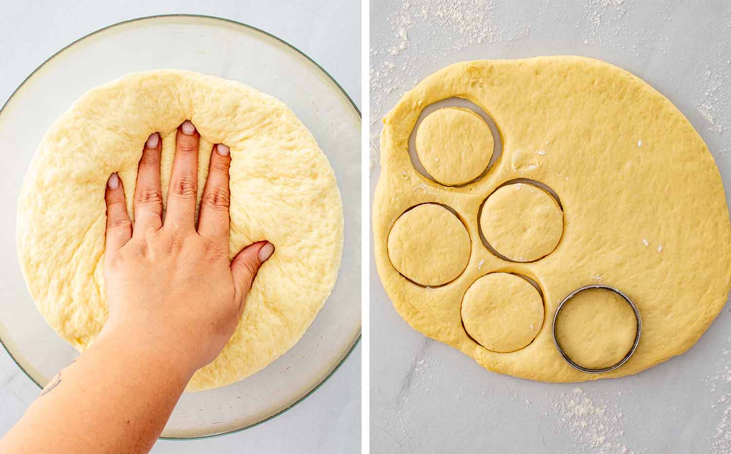 One photo of a hand punching down risen dough and another showing circular donuts being cut with a metal cutter.