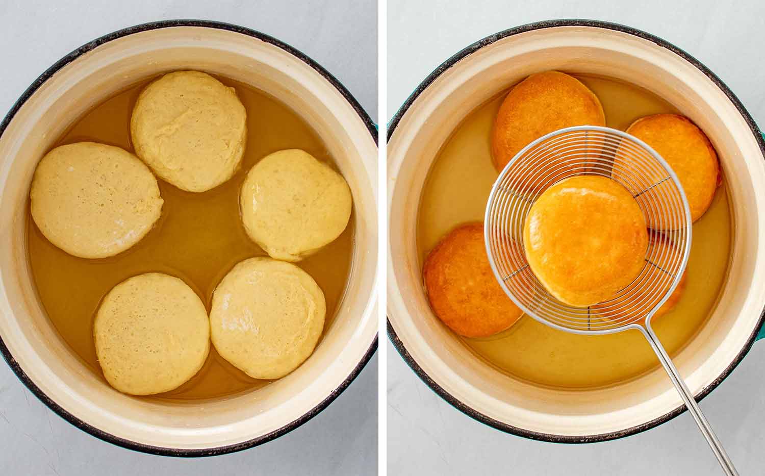 Two photos of donuts frying in a pot of oil and being flipped with a metal strainer until golden brown.