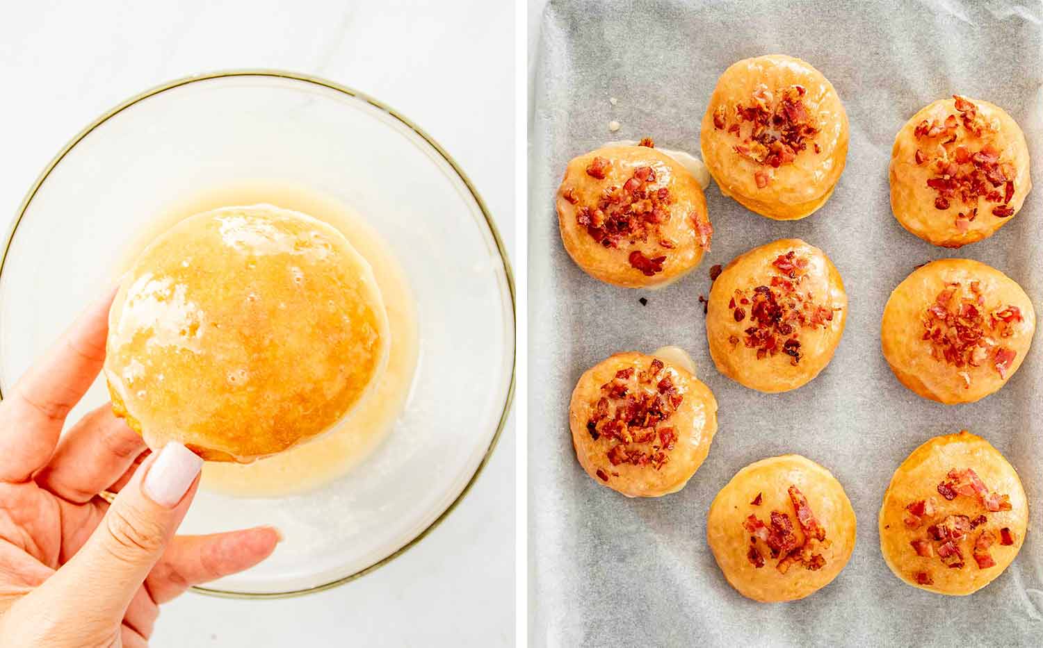 One photo of a donut being dipped in glaze and another showing six donuts topped with bacon on parchment paper.