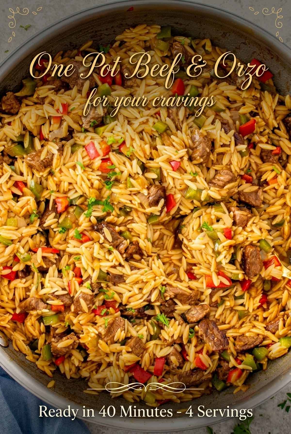 Pinterest graphic for one pot beef and orzo recipe featuring text overlays and a close up of the finished dish.