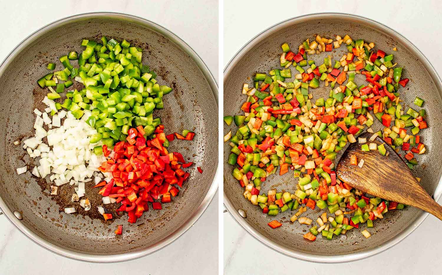 process shots showing how to make one pot beef and orzo.
