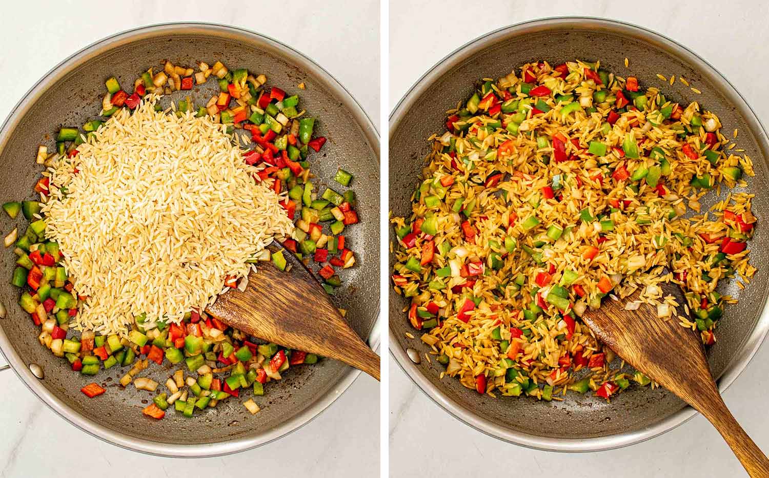 process shots showing how to make one pot beef and orzo.