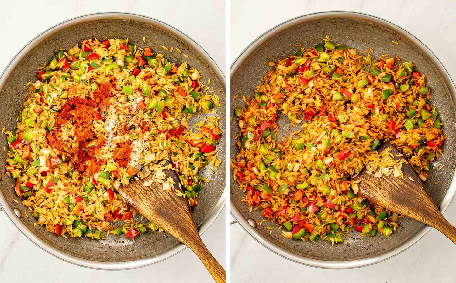 process shots showing how to make one pot beef and orzo.