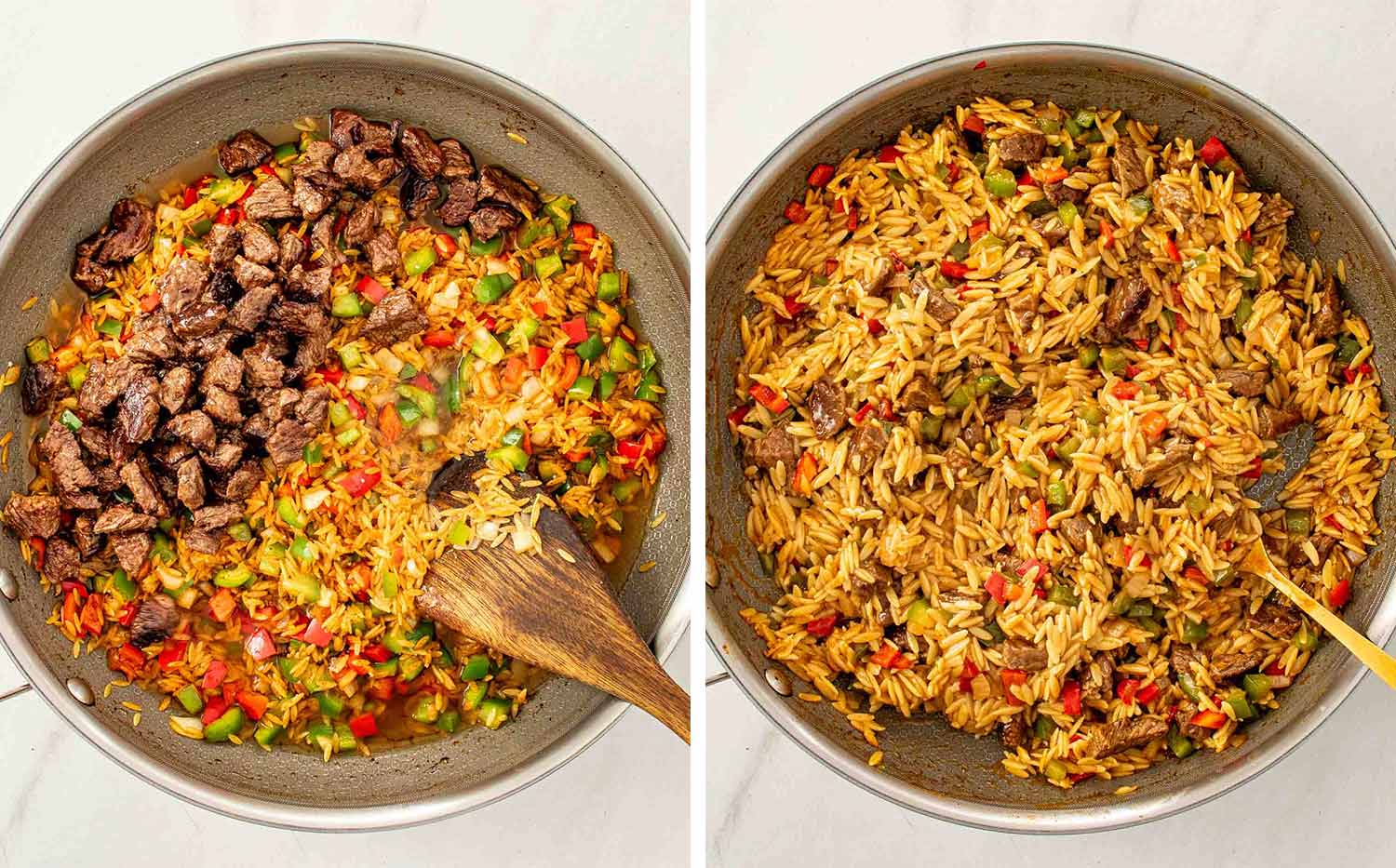 process shots showing how to make one pot beef and orzo.