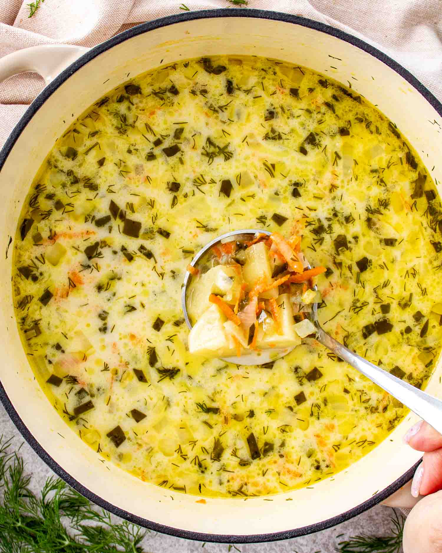 Overhead view of dill pickle soup in pot with ladle lifting potatoes, carrots, pickles, and herbs from creamy broth.