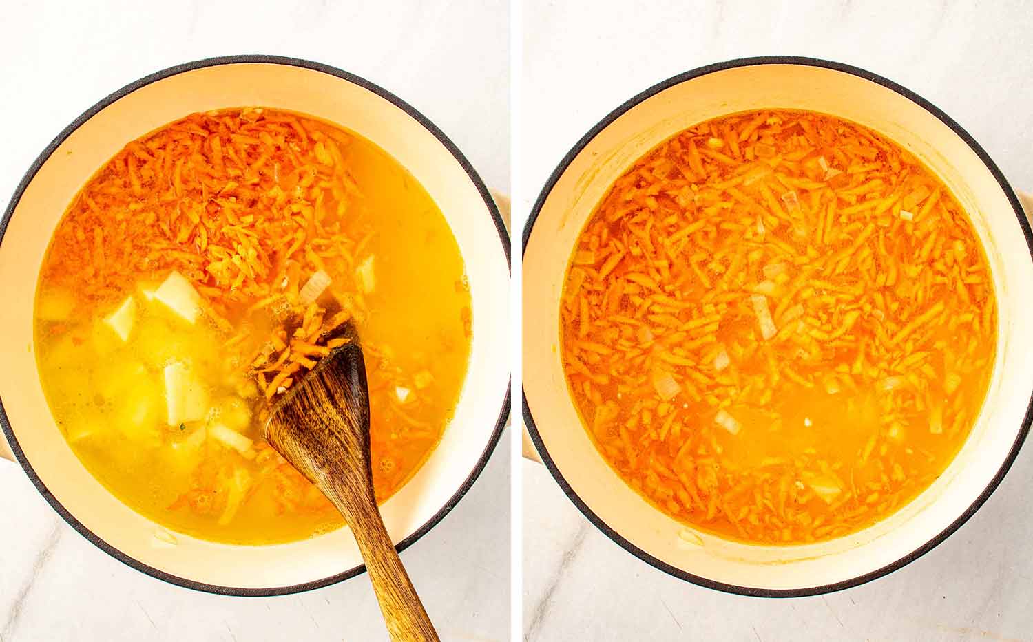 process shots showing how to make dill pickle soup.