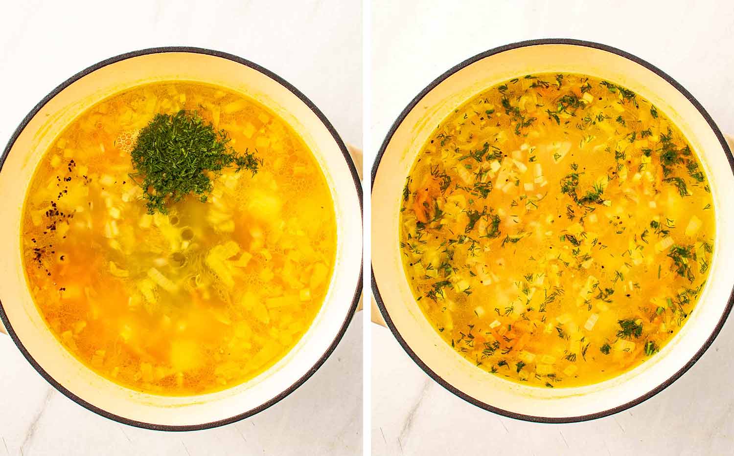 process shots showing how to make dill pickle soup.