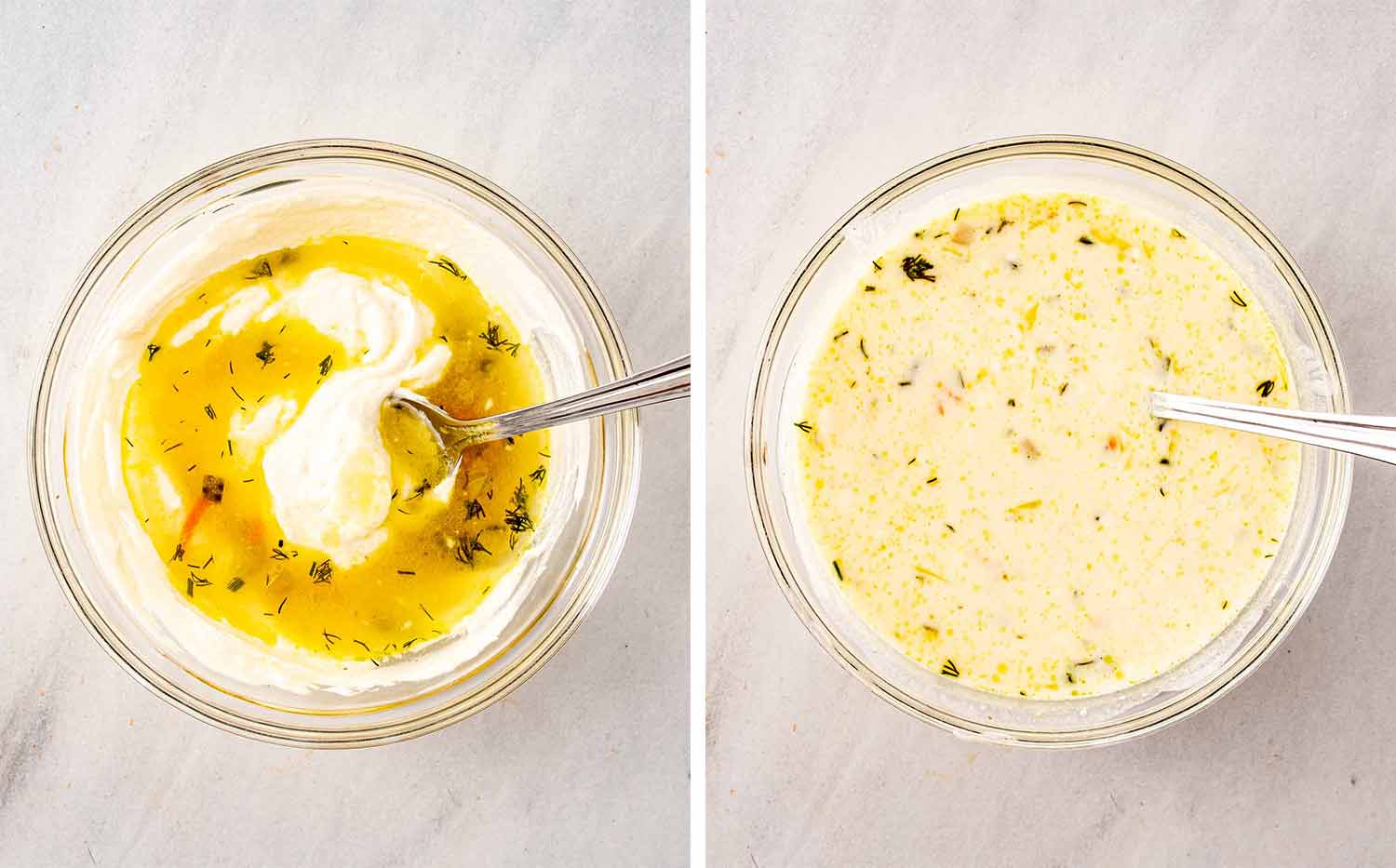 process shots showing how to make dill pickle soup.