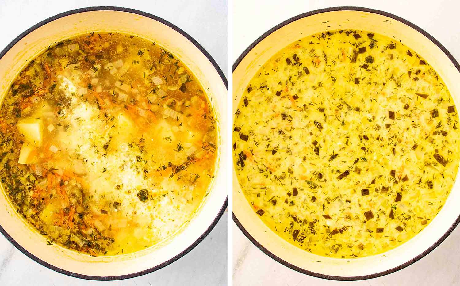 process shots showing how to make dill pickle soup.