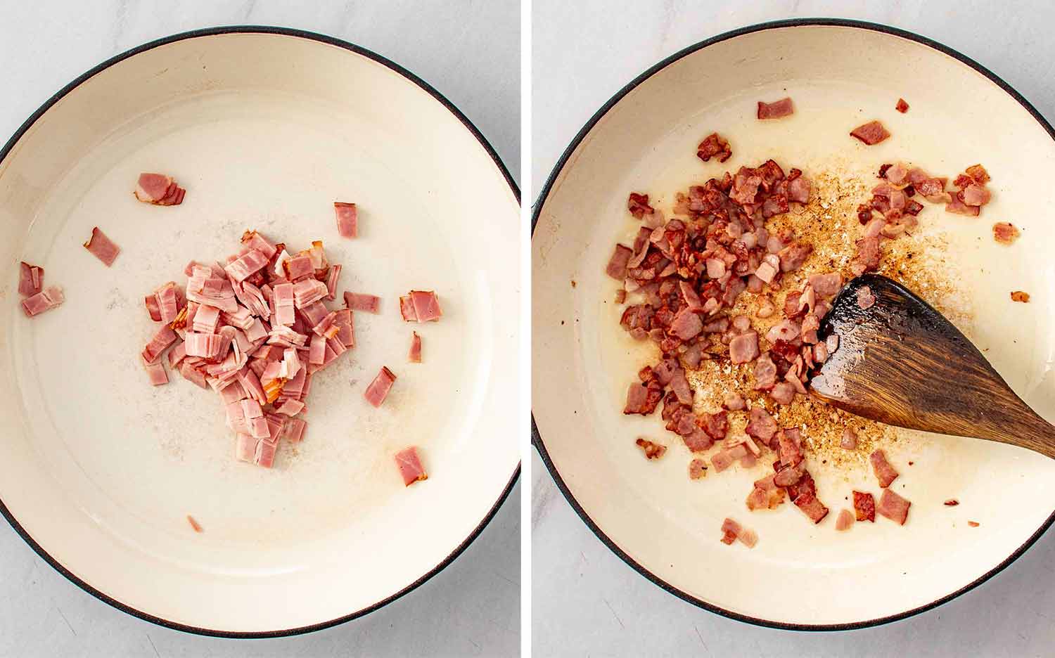 Chopped bacon added to a Dutch oven then cooked until crispy with a wooden spoon leaving the fat in the pot for the next steps.