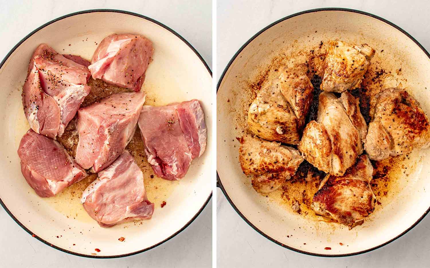 Seasoned pork shoulder chunks placed in a Dutch oven then seared until deeply browned on all sides before braising.