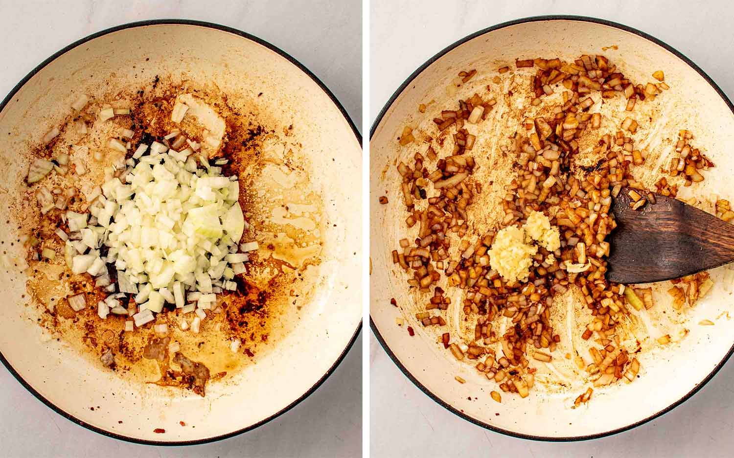 Diced onion added to the Dutch oven with the bacon drippings then cooked down and stirred with minced garlic until softened and golden.