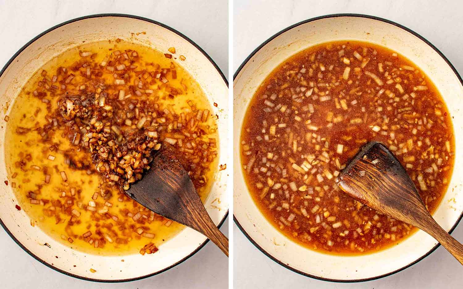 Minced garlic added to softened onion in a Dutch oven then chicken broth poured in and stirred to deglaze the pan with a wooden spoon.