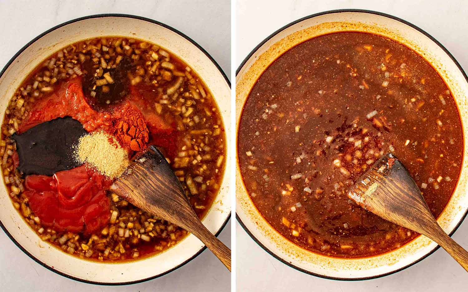 Tomato sauce, molasses, ketchup, smoked paprika and dry mustard added to the Dutch oven then stirred together into a rich smoky sauce with a wooden spoon.