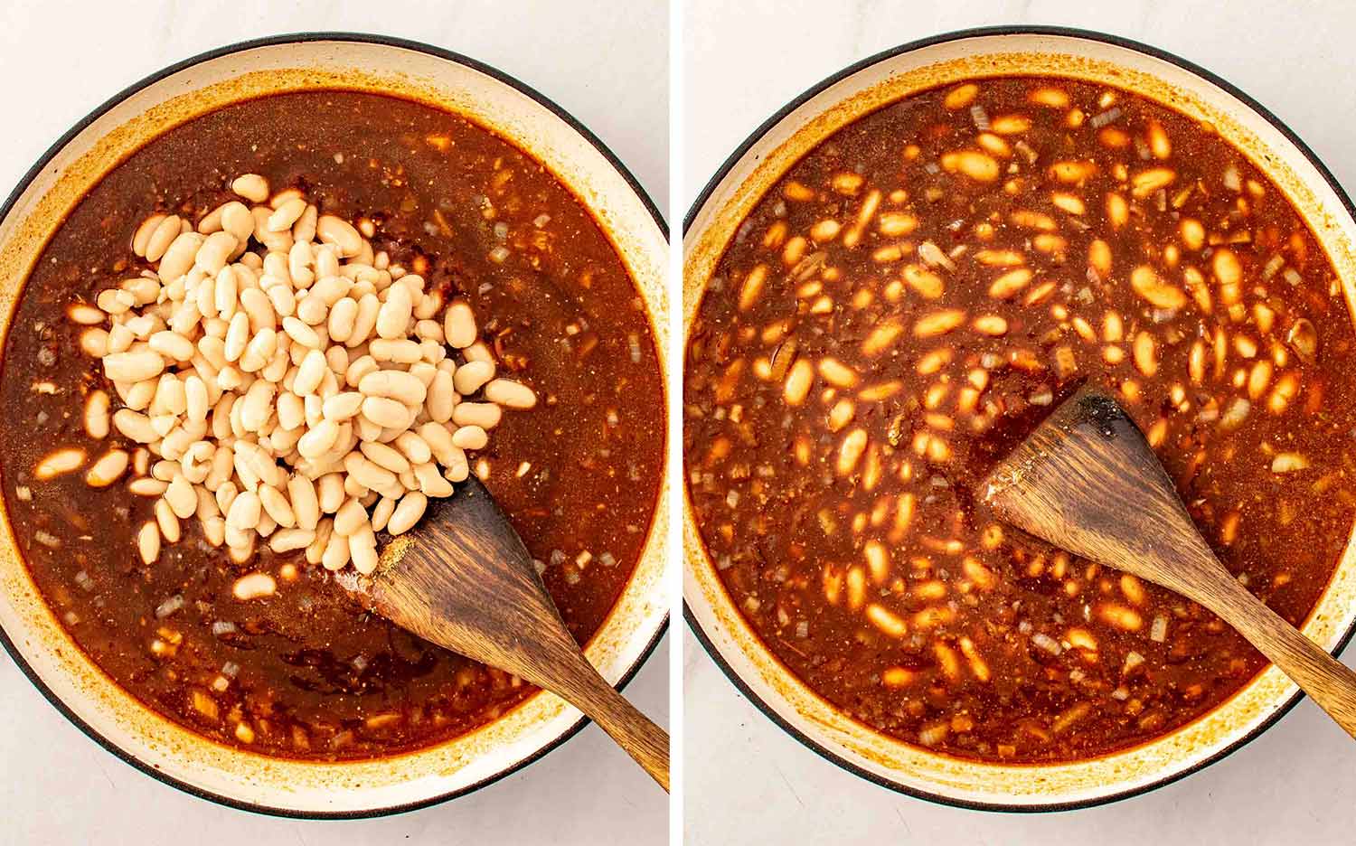 Drained navy beans added to the smoky sauce in a Dutch oven then stirred in with a wooden spoon until fully combined.
