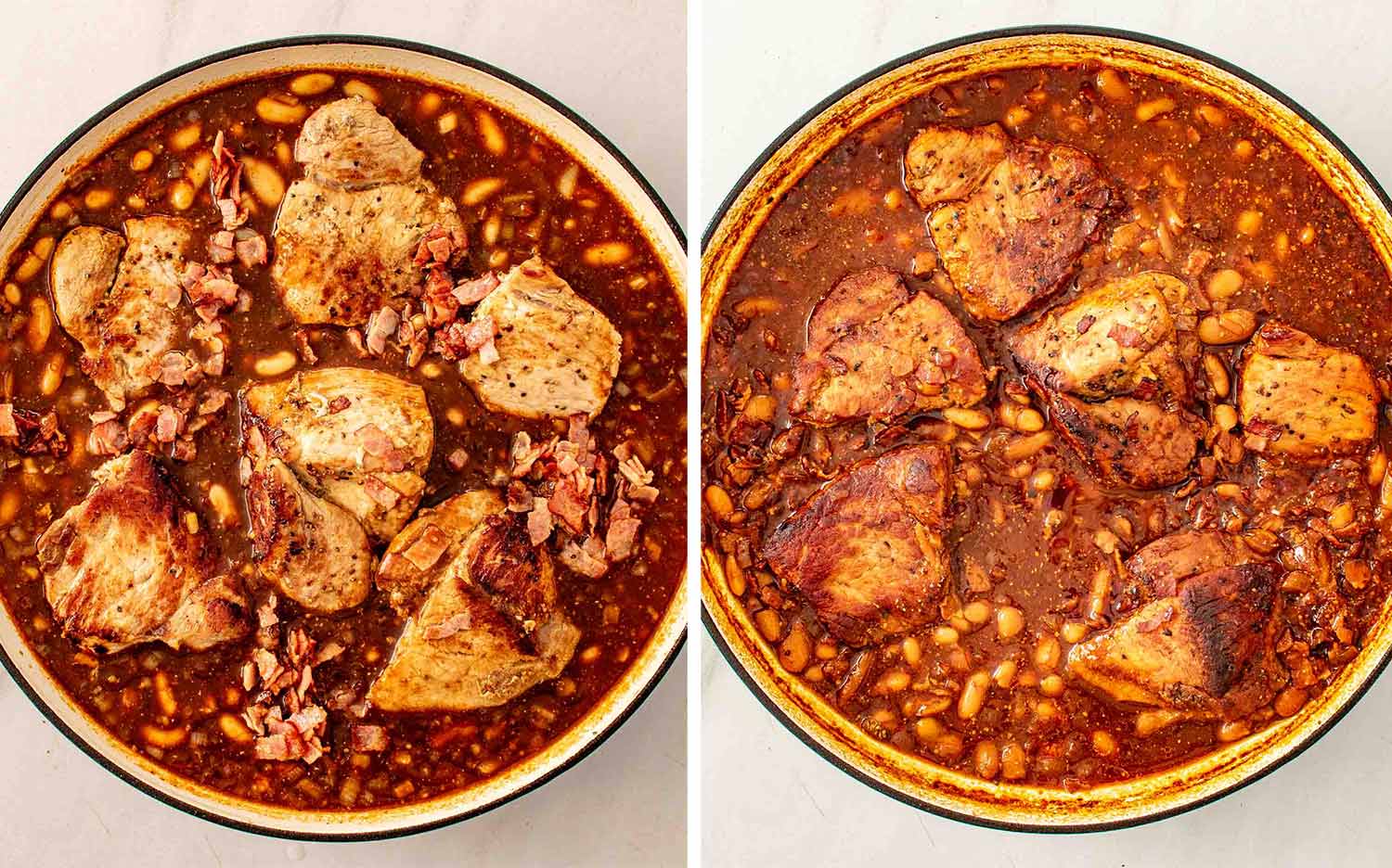 Seared pork shoulder chunks and crispy bacon nestled into navy beans and sauce in a Dutch oven before and after braising in the oven.