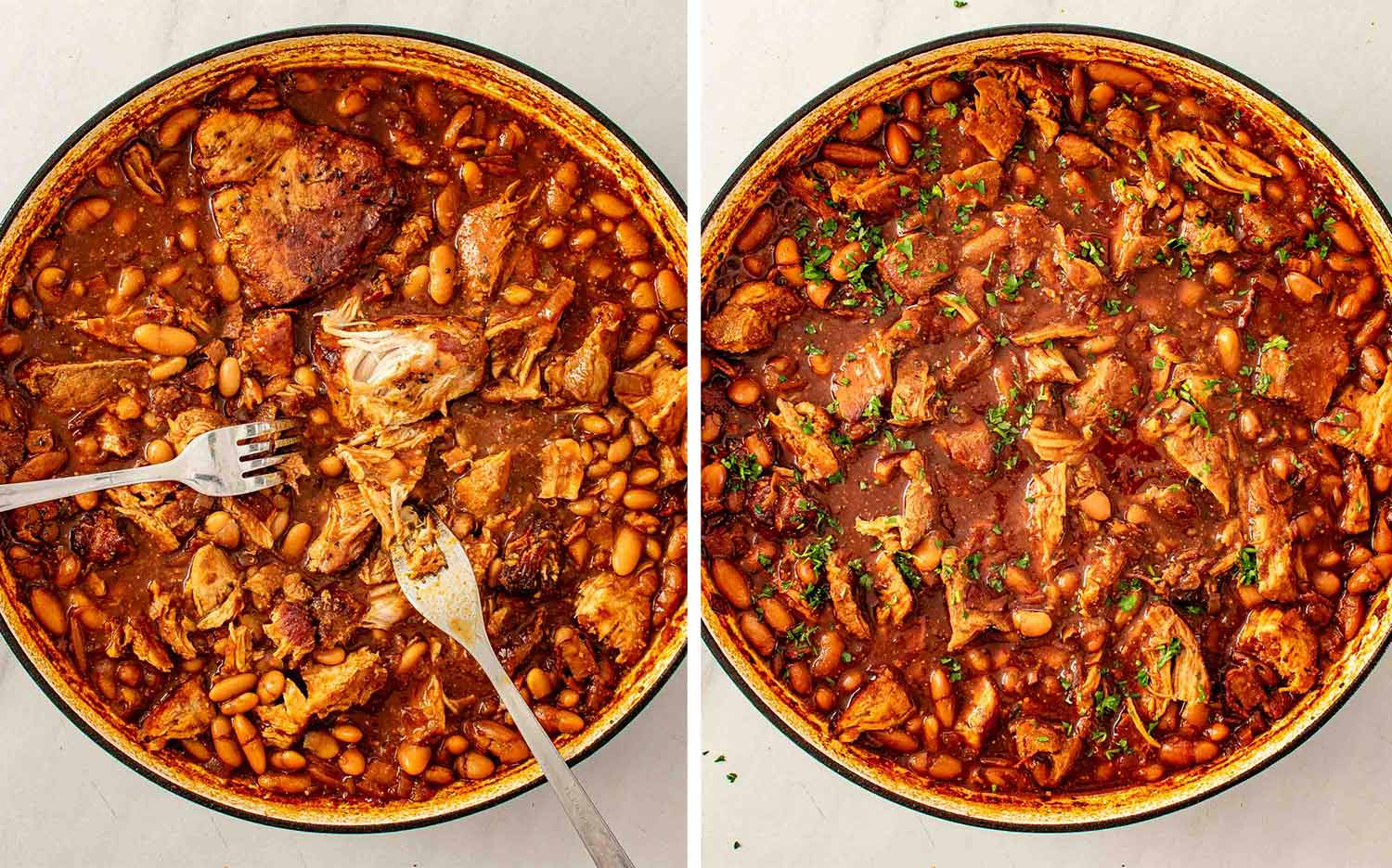 Cooked pork shoulder being broken apart with a fork and spoon in a Dutch oven then the finished pork and beans garnished with fresh parsley.